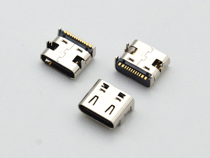 Type-C 16-pin female socket, board-mounted one-piece style with a 7.35mm length, 1.68mm pitch, and a 5A outer shell featuring a spring mechanism